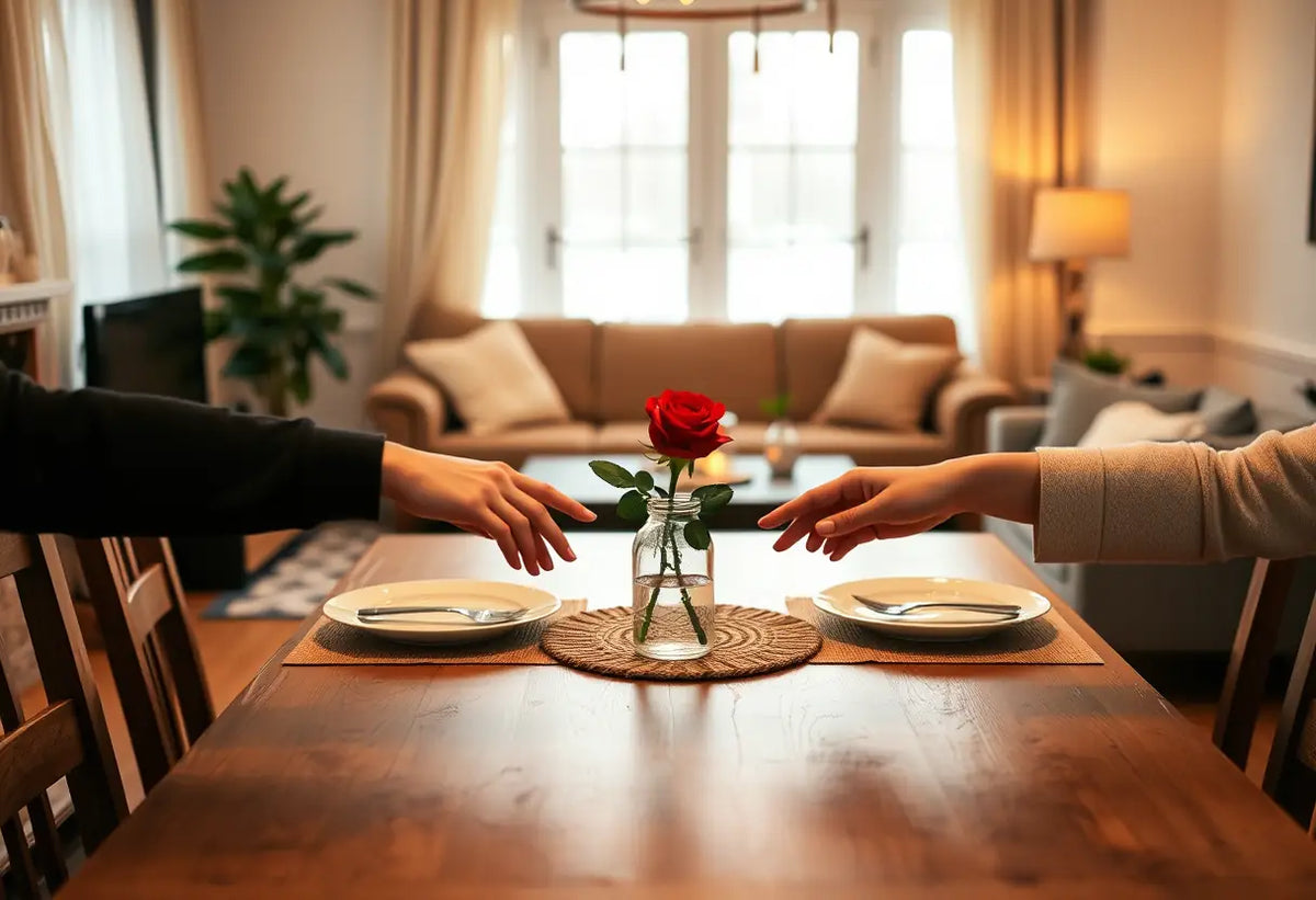 Un couvert pour deux avec une rose rouge sur la table