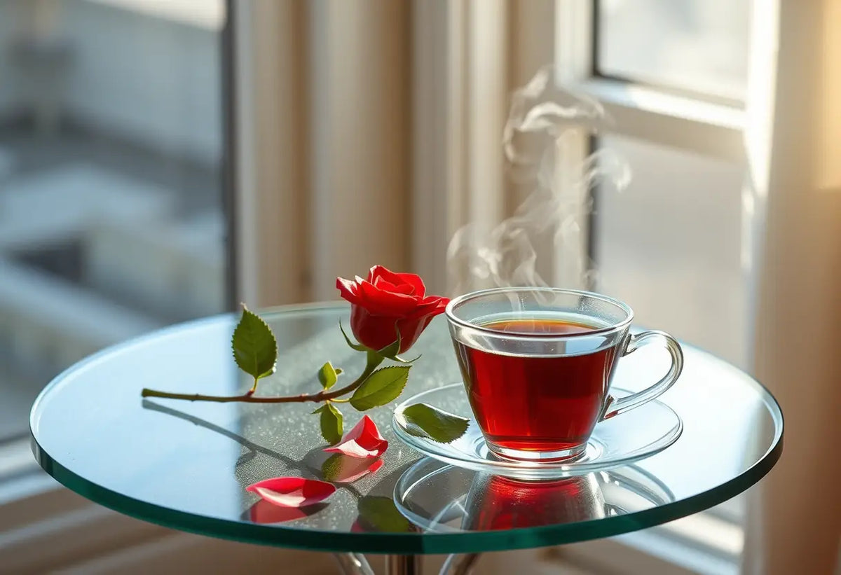 Une table en verre avec une rose rouge et une tasse de thé, la lumière solaire soulignant la finesse des pétales