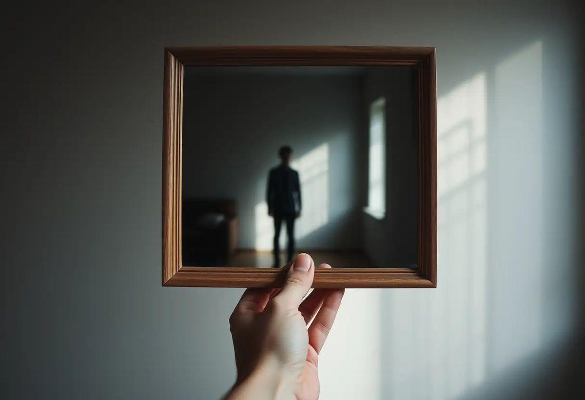 Miroir reflétant une silhouette dans une pièce sombre