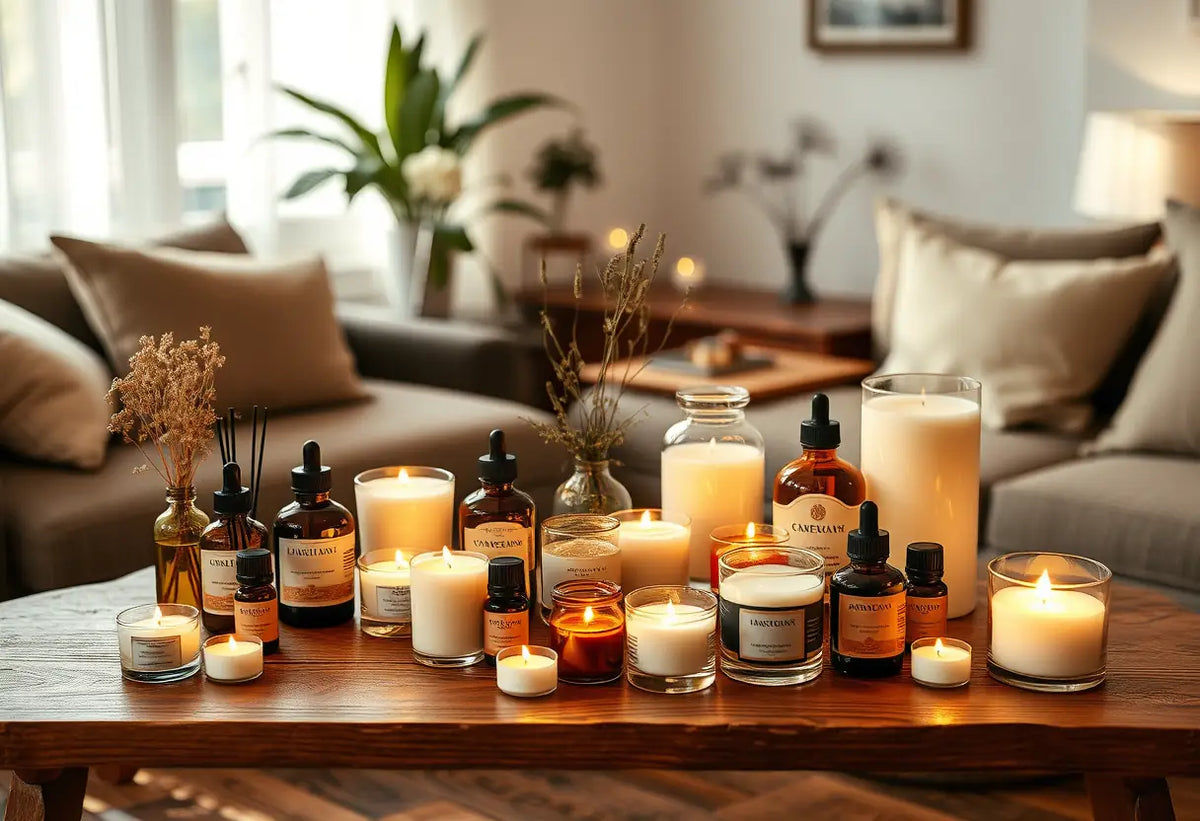Un bureau en bois avec des bougies parfumées allumées pour créer une atmosphère chaleureuse