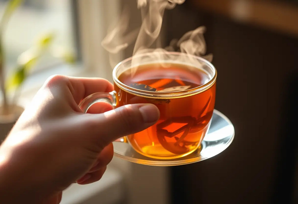 Une main tenant une tasse de thé herbeux, lumière naturelle chaleureuse