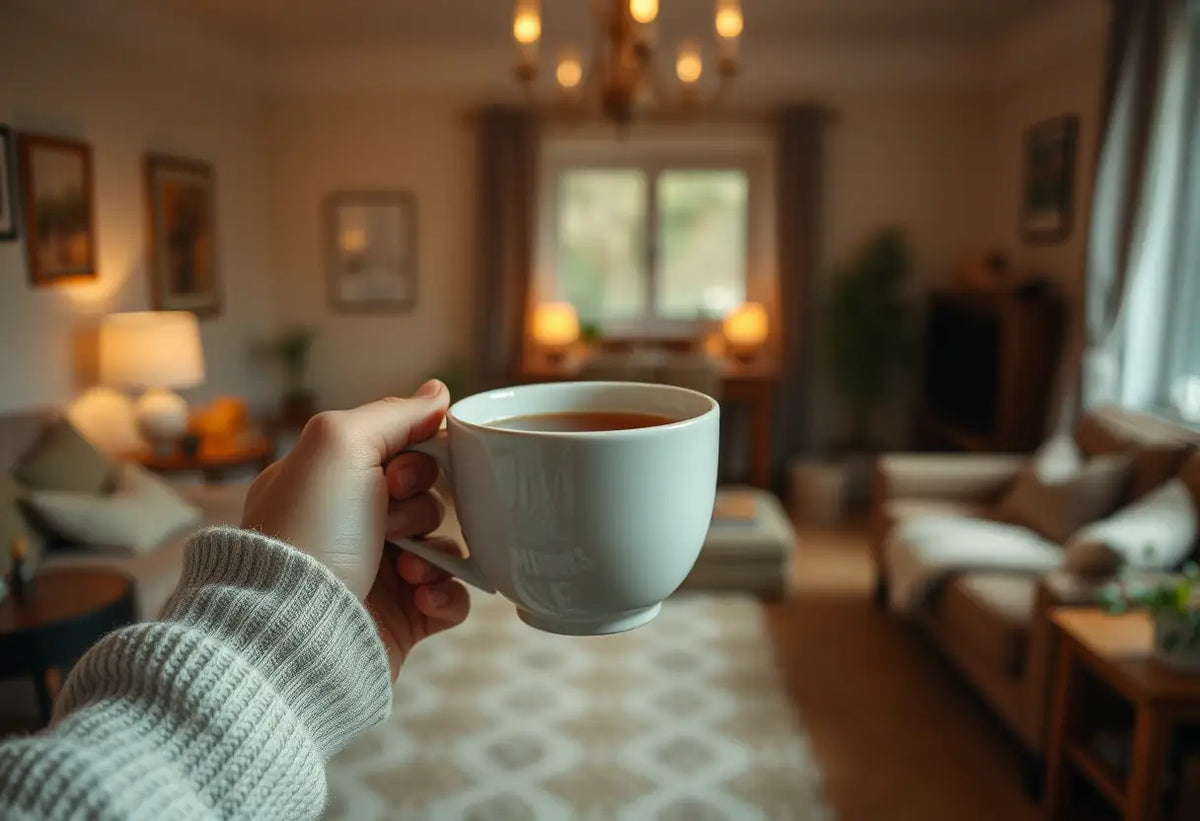 Une main tenant une tasse de thé dans un salon accueillant