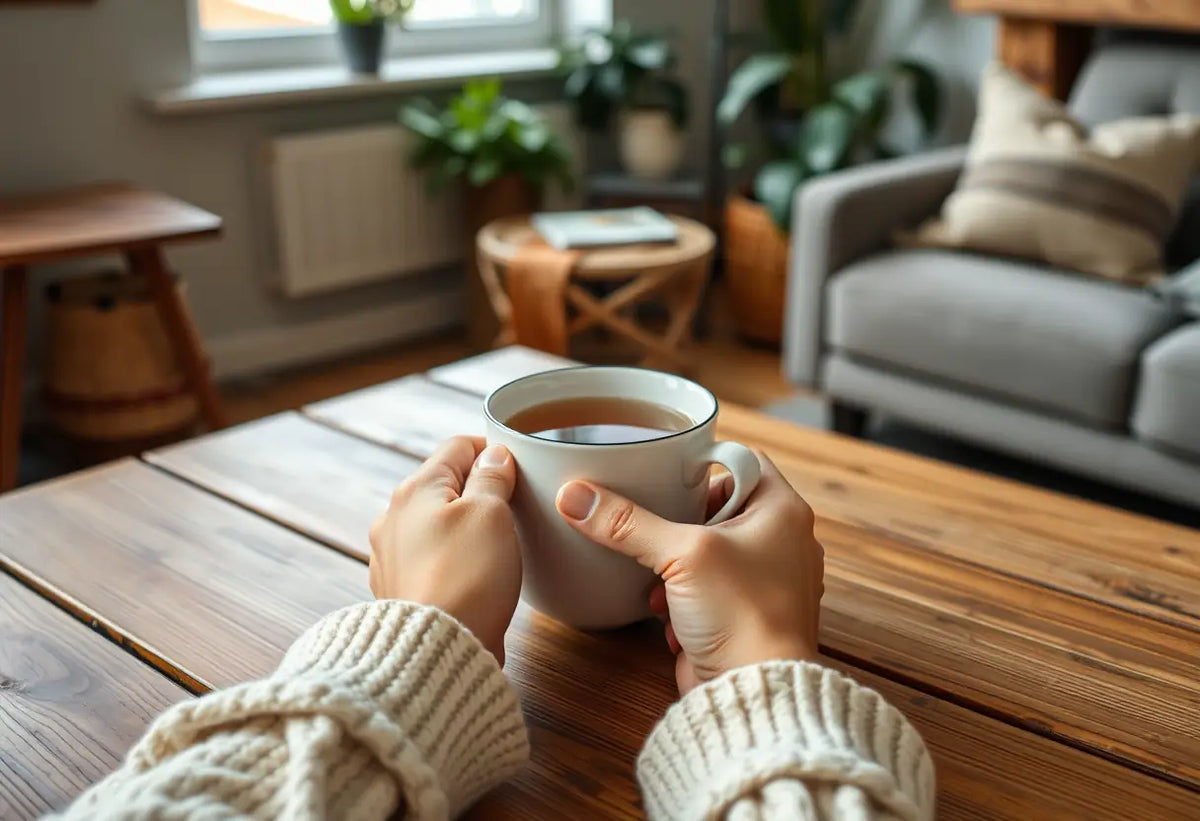 Des mains tenant une tasse de thé herbeux sur une table en bois rustique dans un salon accueillant