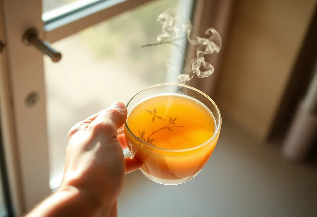 Une main tenant une tasse de thé chaud, éclairée par la lumière naturelle qui filtre à travers une fenêtre, liée à l'article sur la séduction.