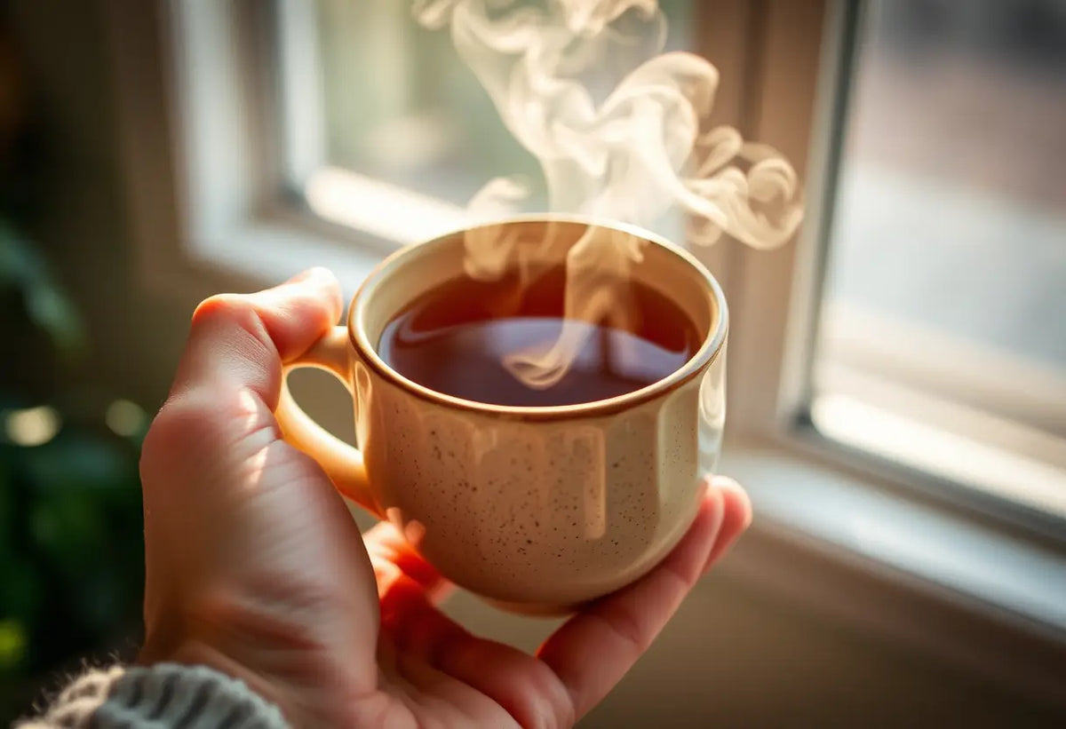 Une main tenant une tasse de thé herboriste, éclairée par la lumière du soleil, pour souligner la chaleur et la douceur du breuvage