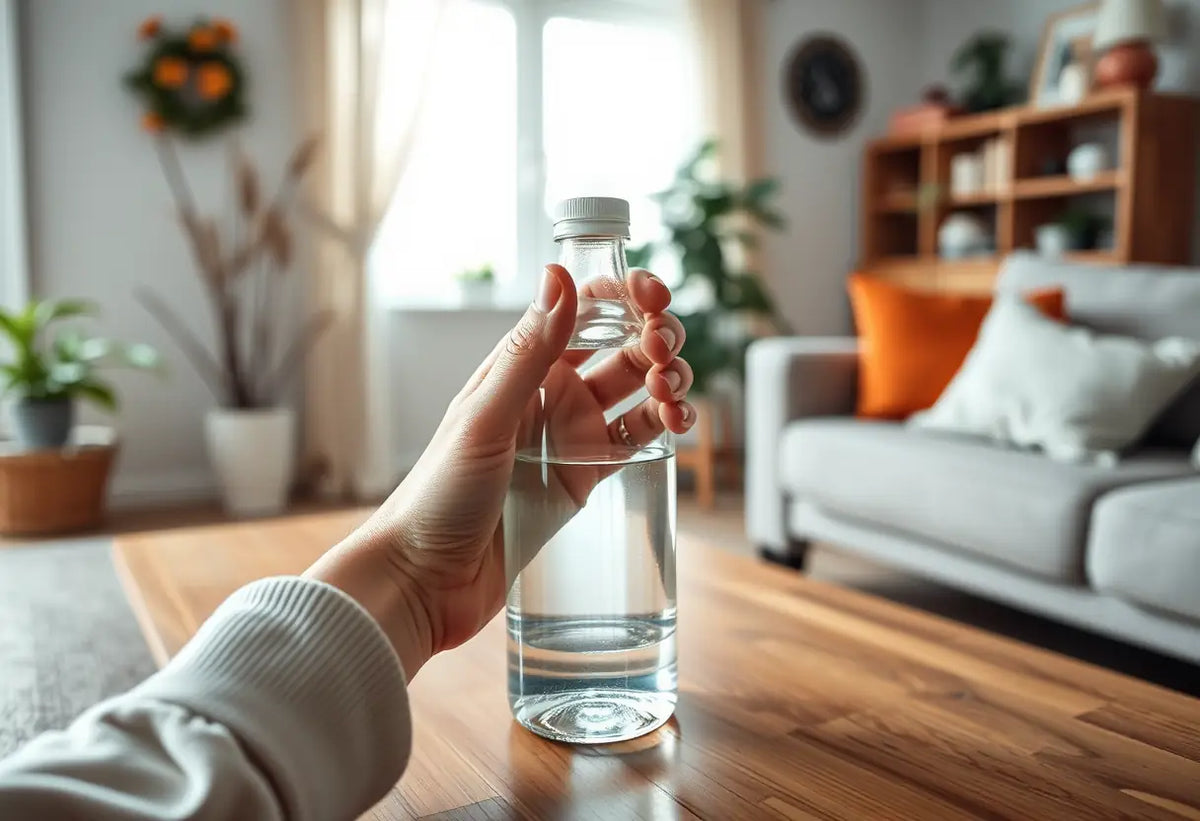 Une main tenant une bouteille contenant un liquide clair sur une table en bois, dans un salon accueillant, illustrant les soins intimes à domicile