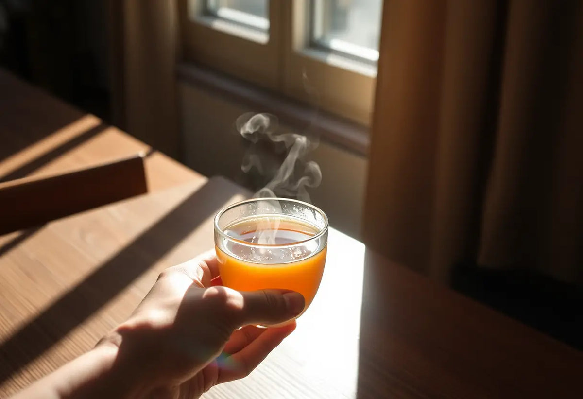 Une main tenant une tasse de thé chaud dans une pièce lumineuse