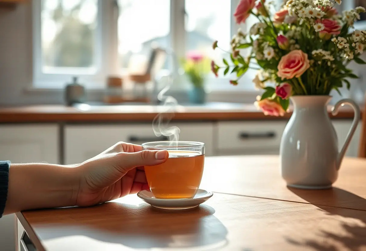 Une main tenant une tasse de thé chaud sur une table dans une cuisine lumineuse