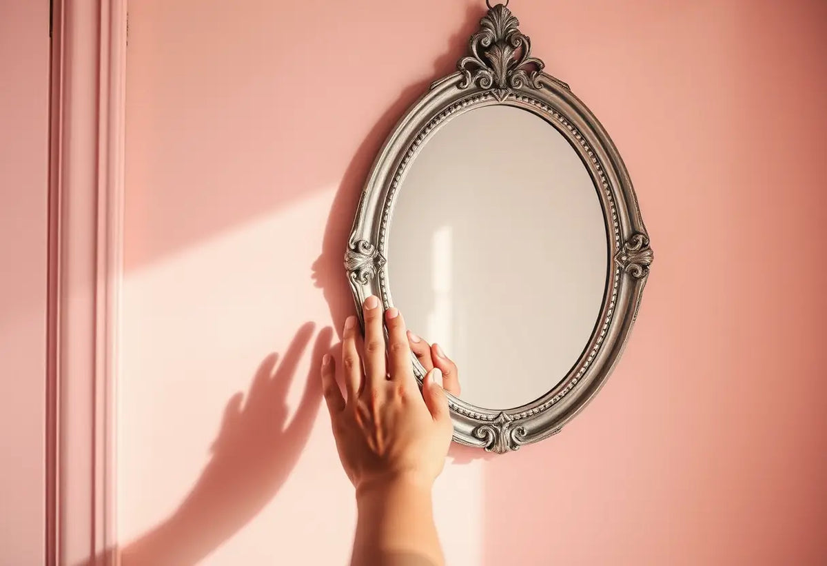Une main ajuste un miroir encadré de métal posé sur un mur aux couleurs douces