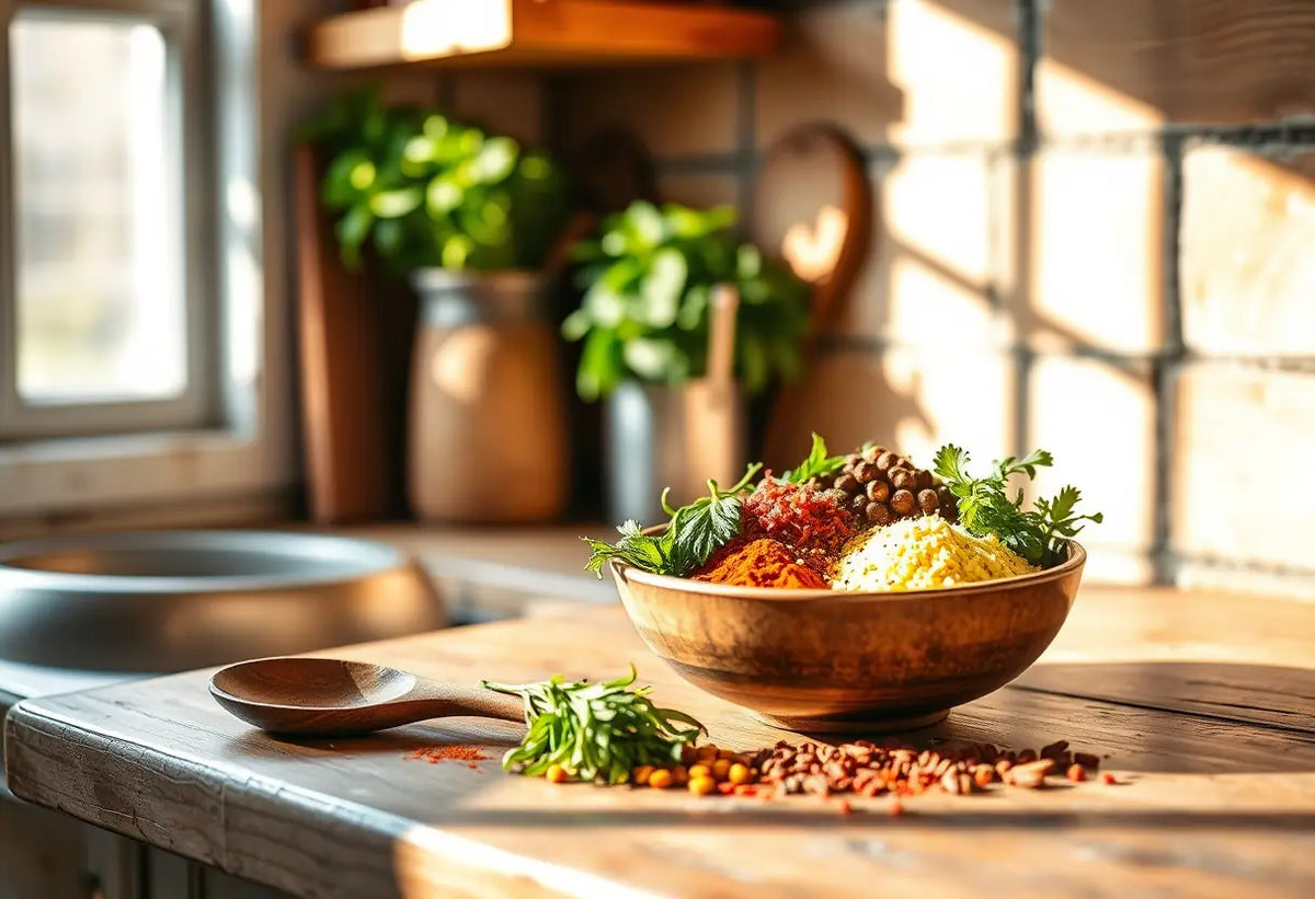 Une cuillère en bois repose près d'un bol rempli d'herbes et d'épices colorées dans une cuisine rustique, évoquant des compléments alimentaires pour la libido masculine