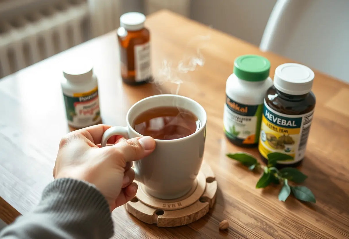 Main de quelqu'un tenant une tasse de thé avec des bouteilles de compléments alimentaires autour