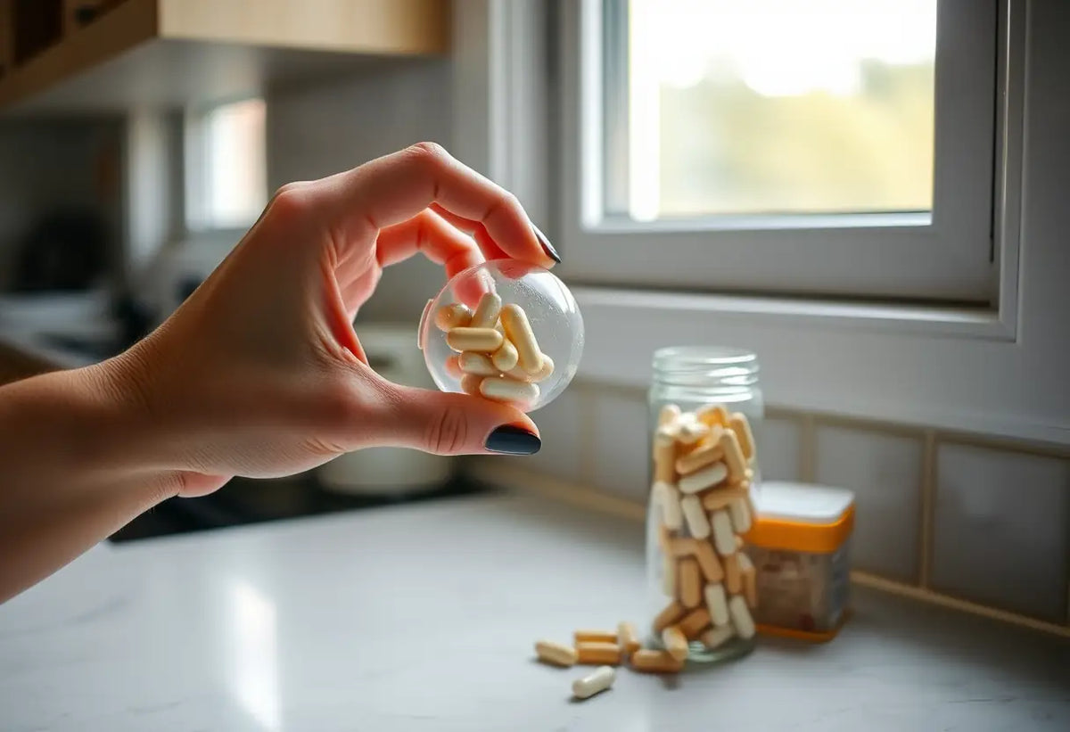Maince de pilules contraceptives sur un meuble de cuisine