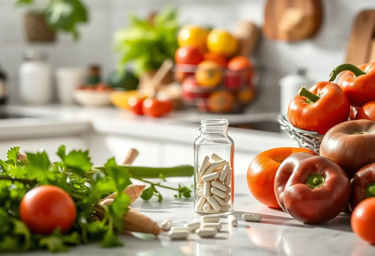 Un plan de cuisine avec une bouteille de médicaments, entourée de légumes frais, pour la contraception d'urgence