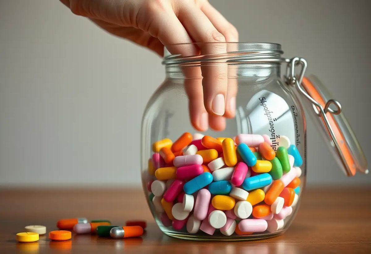 Une main saisissant des comprimés colorés dans un bocal, représentant diverses méthodes contraceptives.