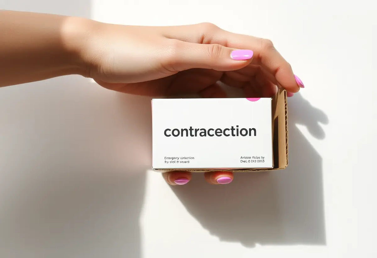 Une main féminine tenant une boîte cartonnée contenant des pilules de contraception d'urgence