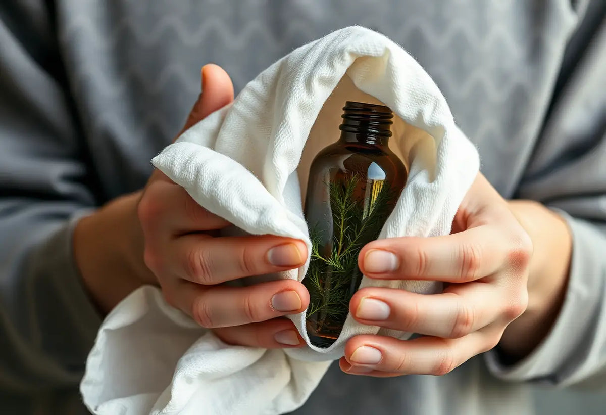 Des mains enveloppent soigneusement un linge autour d'une bouteille contenant des remèdes herboristes
