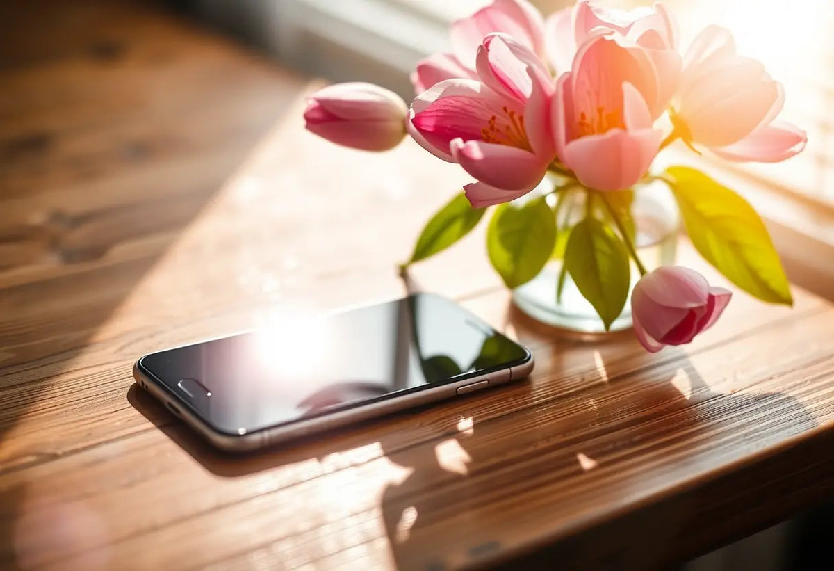 Smartphone et vase de fleurs sur une table