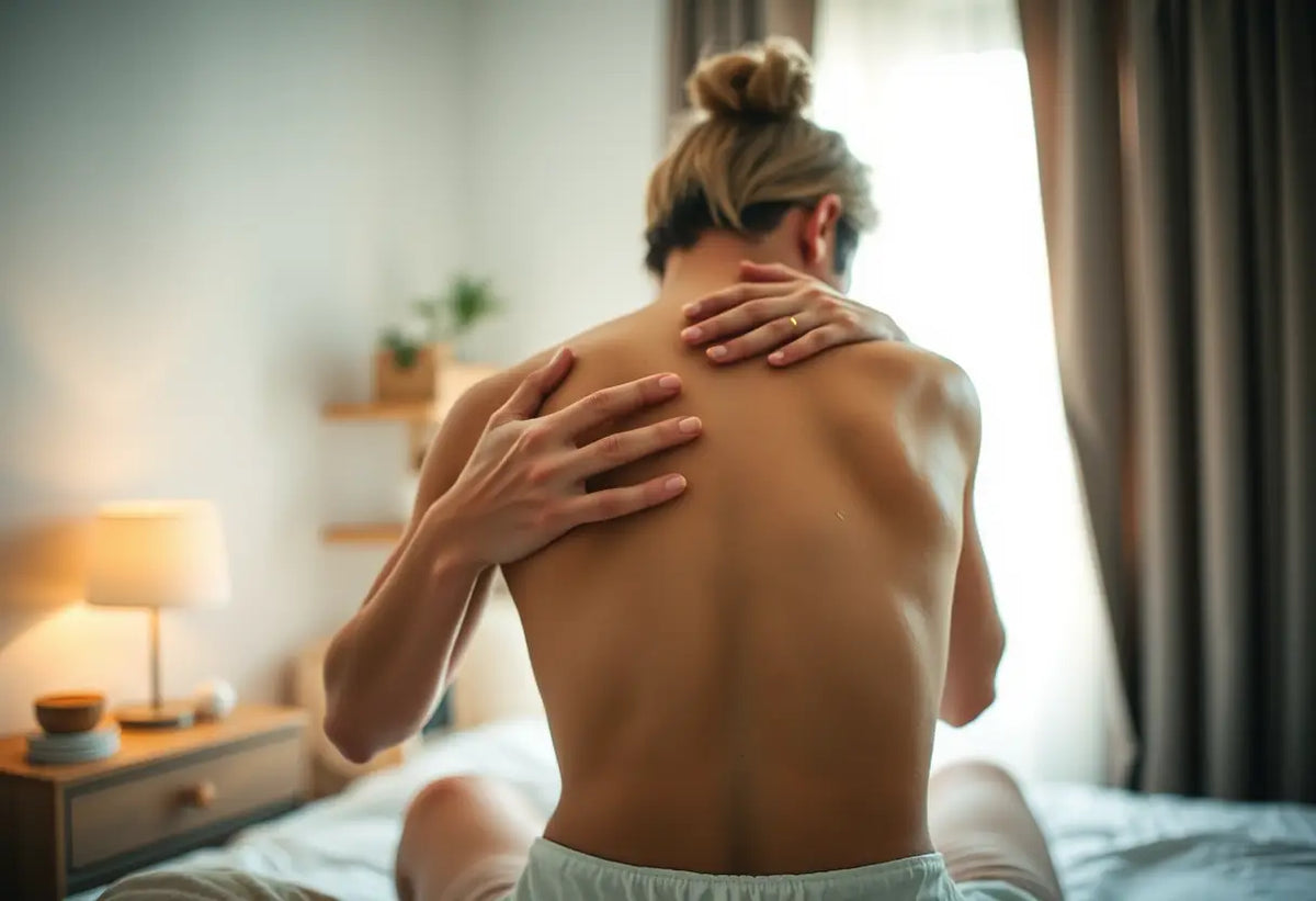 Mains appliquant de l'huile sur le dos d'un partenaire dans une chambre confortable, texte alternatif pour couples massage