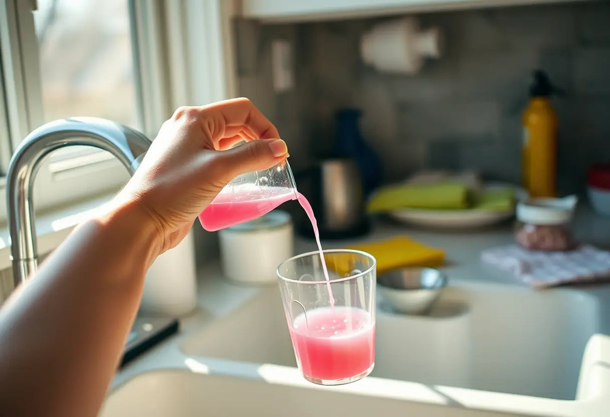 Main tenant un flacon avec un liquide rose dans une cuisine