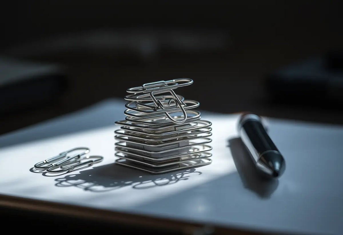 Pinces à papier et stylo sur un bureau éclairés par une lumière douce