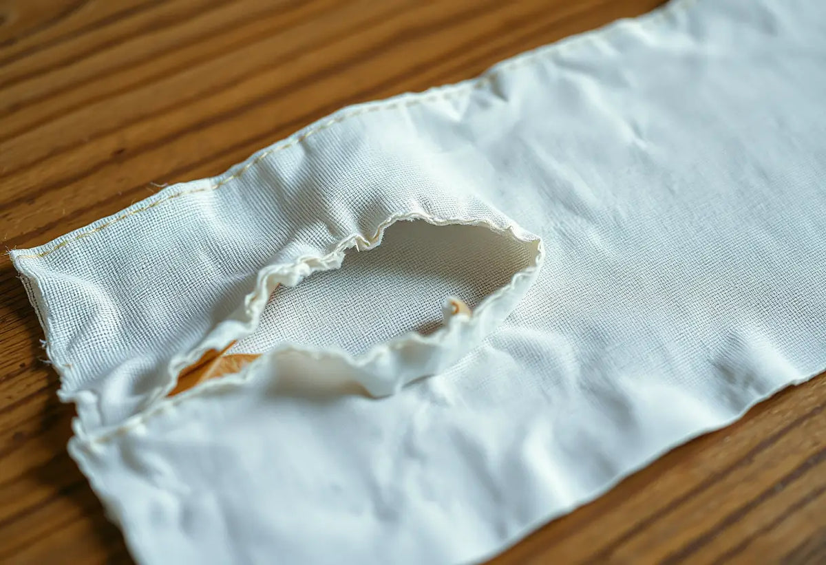 Tissu déchiré sur une table, symbole de la déchirure du périnée