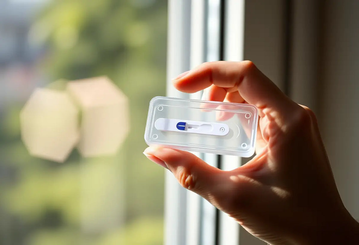 Une main tenant une boîte en plastique avec une bande de test
