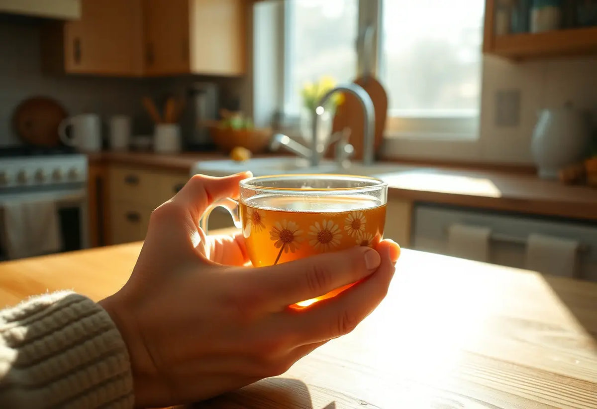 Une main tenant une tasse de thé aux fleurs de camomille sur un plan de travail en bois, éclairée par la lumière matinale.