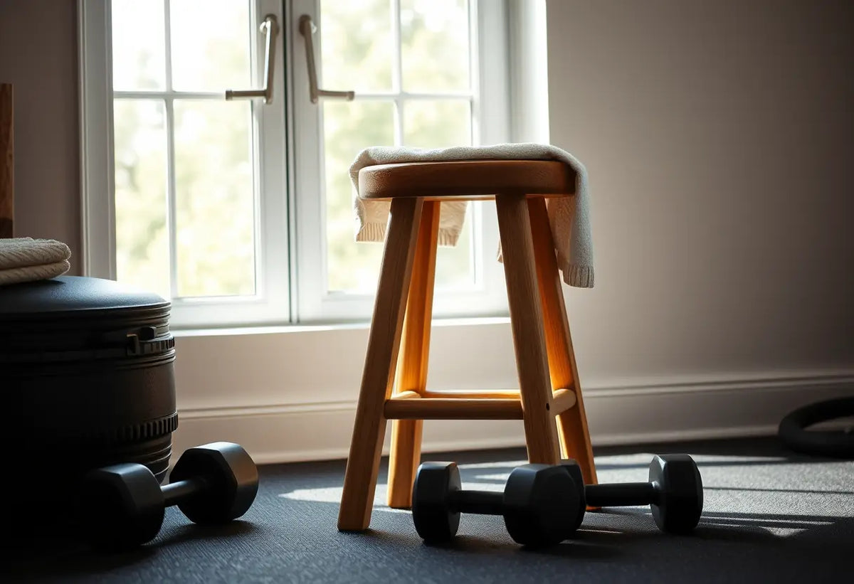 Un tabouret en bois dans un home gym, couvert d'une serviette, soulignant l'entraînement du plancher pelvien.