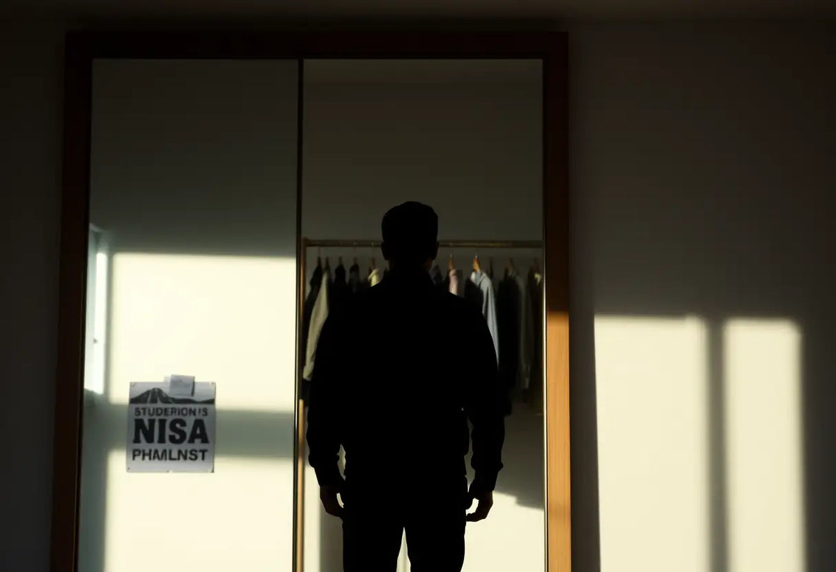 Silhouette devant un miroir dans une cabine d'essayage avec des vêtements suspendus