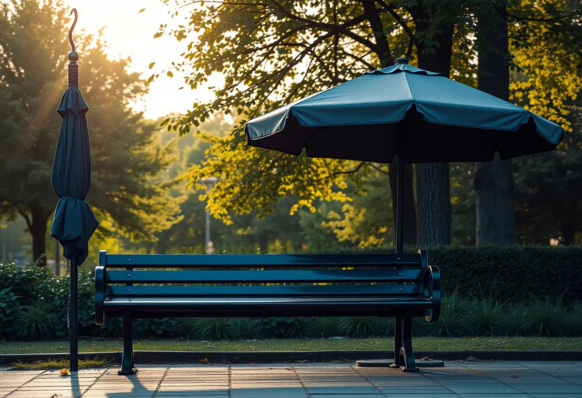 Banc de parc avec parapluie fermé, matinée claire