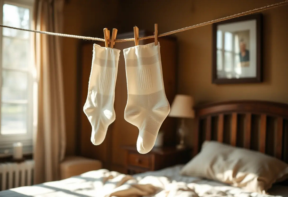 Chaussettes en coton suspendues dans une chambre, lumière naturelle