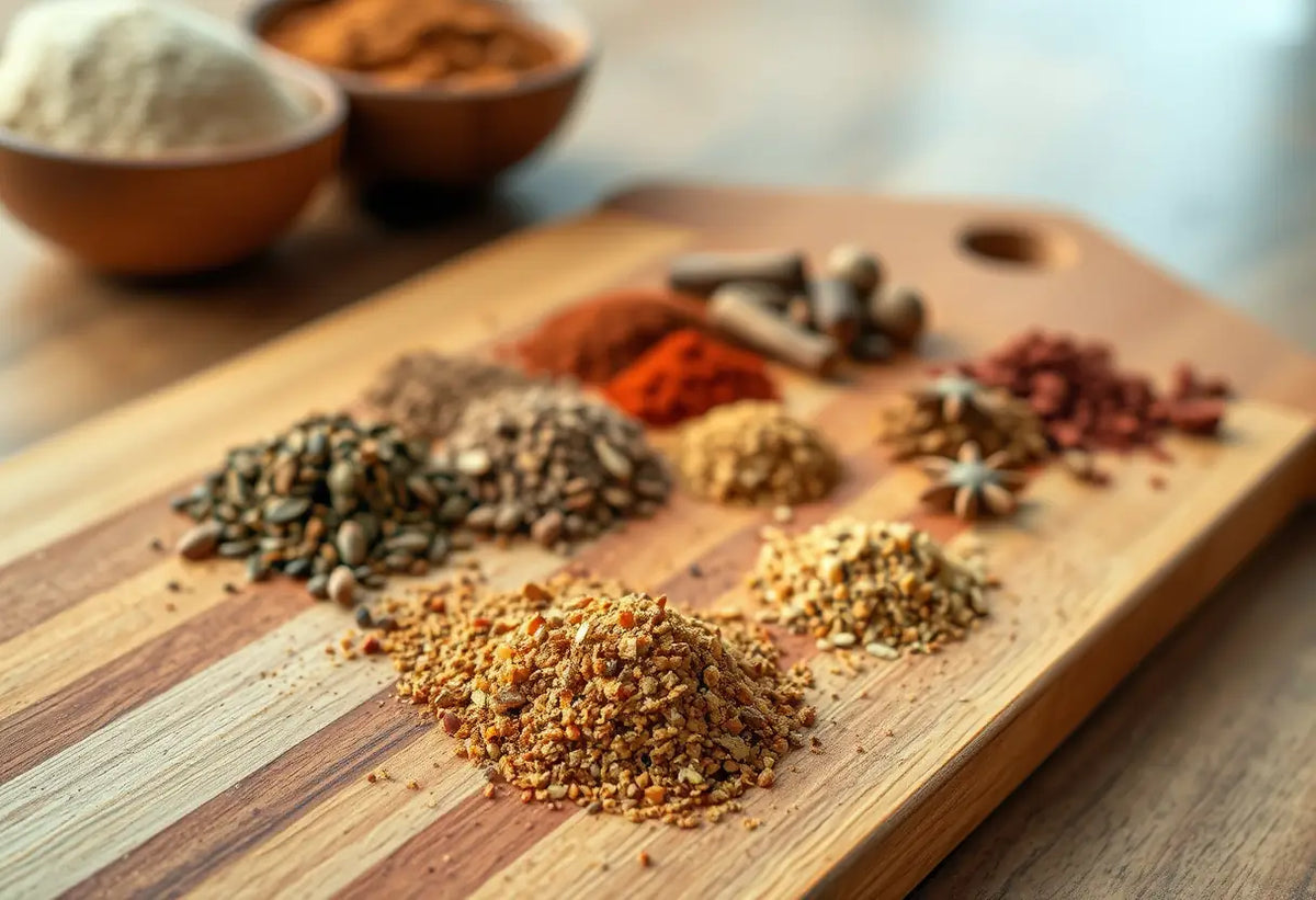 Un plan de travail en bois avec divers épices dont de l'ashwagandha moulu, pour soulager le stress