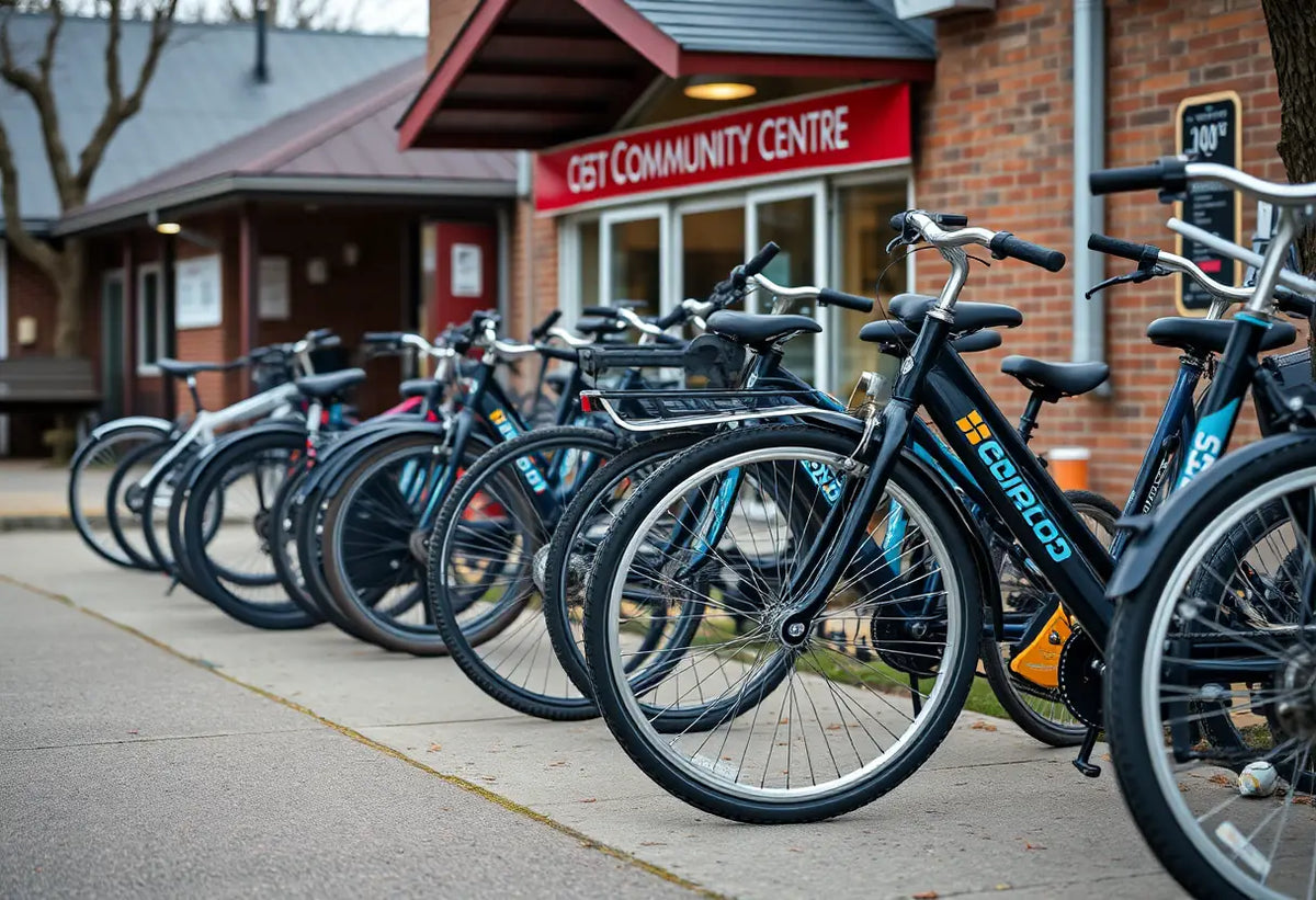 Une rangée de vélos stationnés devant un centre communautaire, l'un d'eux est légèrement levé