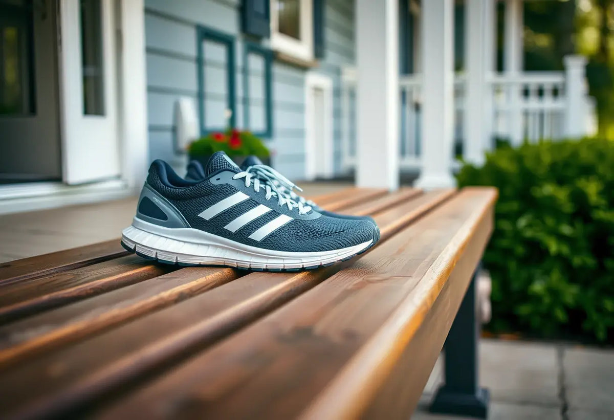 Une paire de chaussures de course posées sur un banc en bois devant une maison