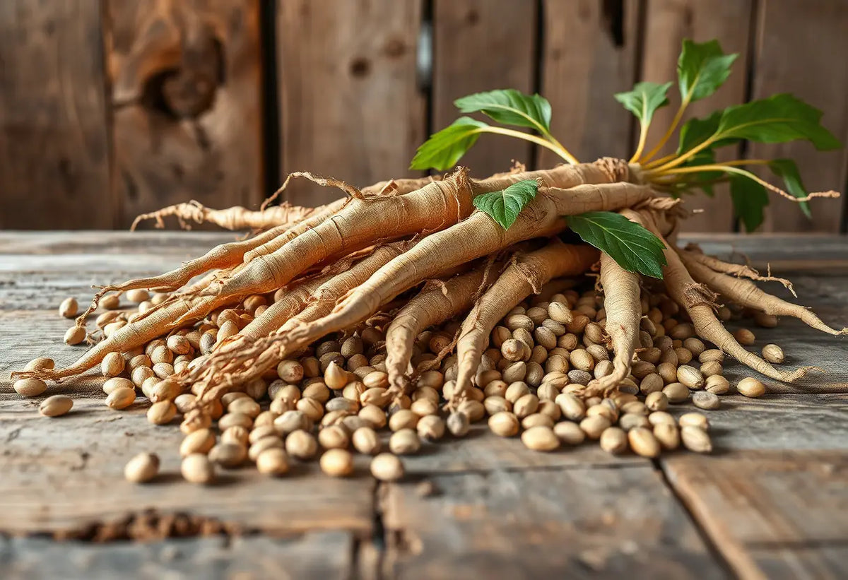 Ginseng et graines sèches sur une table rustique