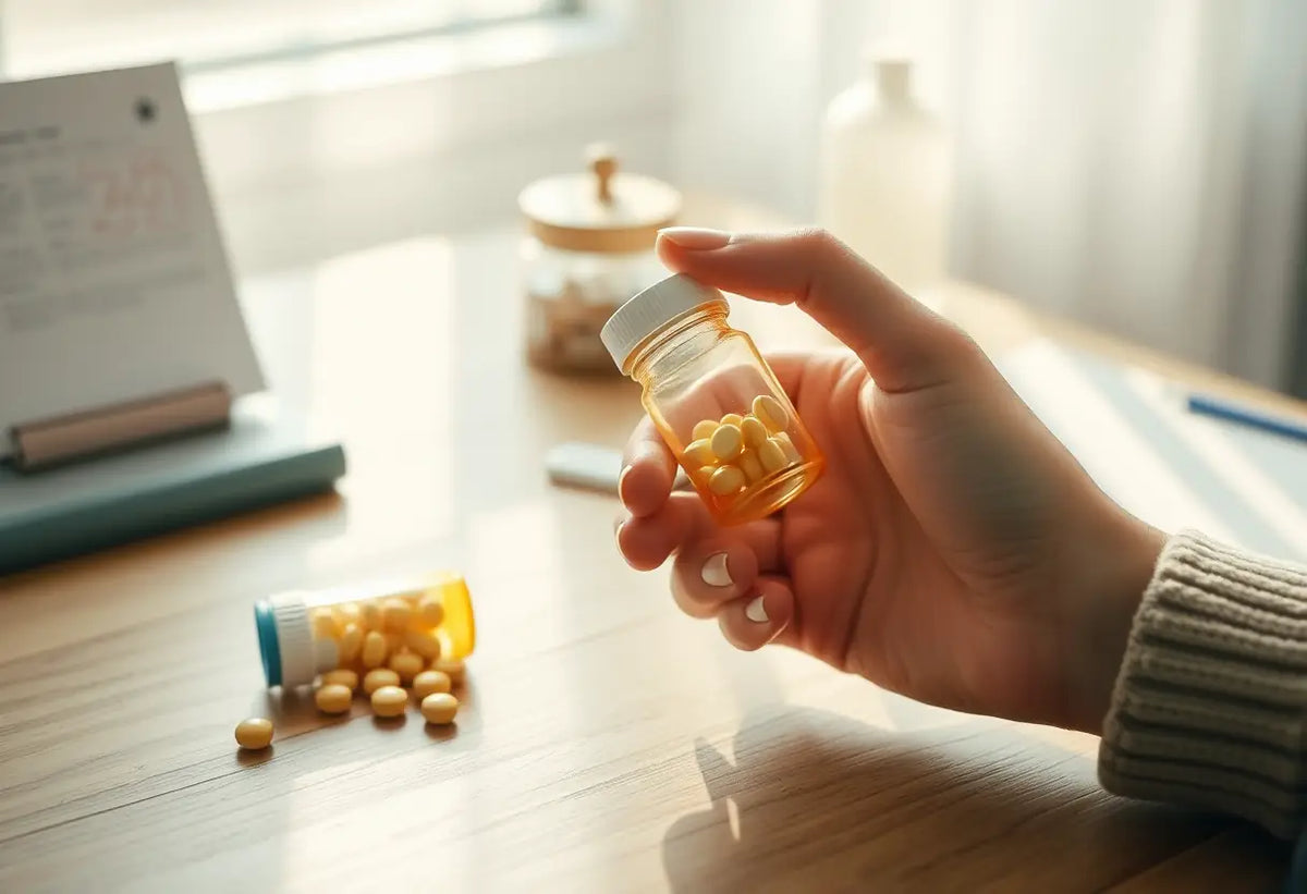 Maince main tient un flacon de médicaments