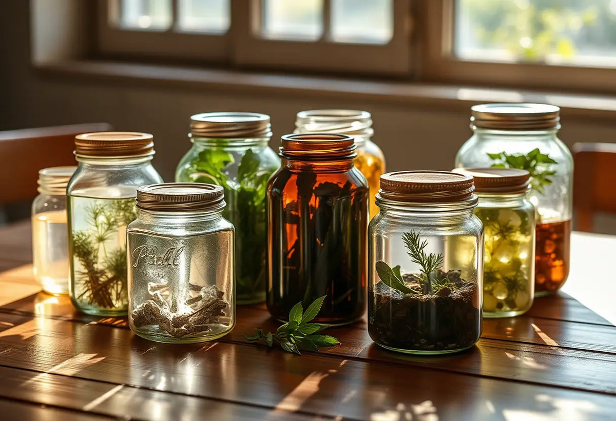 Photo de bocaux de remèdes herballiers sur une table, sujet de l'article sur la douleur pendant les rapports à la ménopause