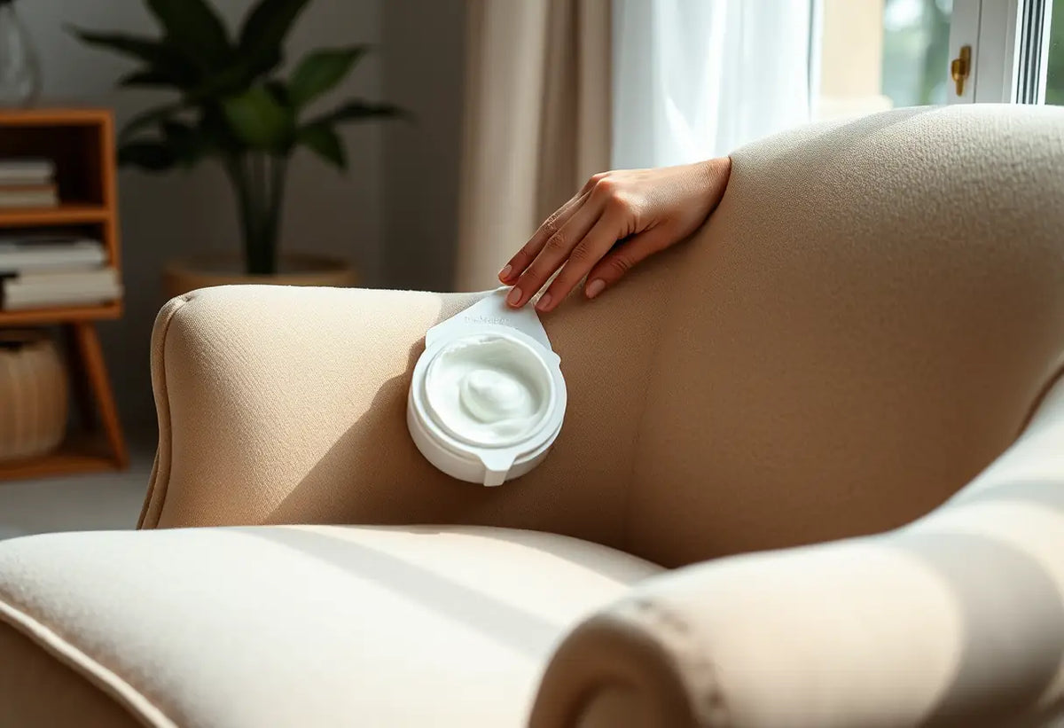 Mains appliquant une crème apaisante sur un fauteuil, douleur périnée