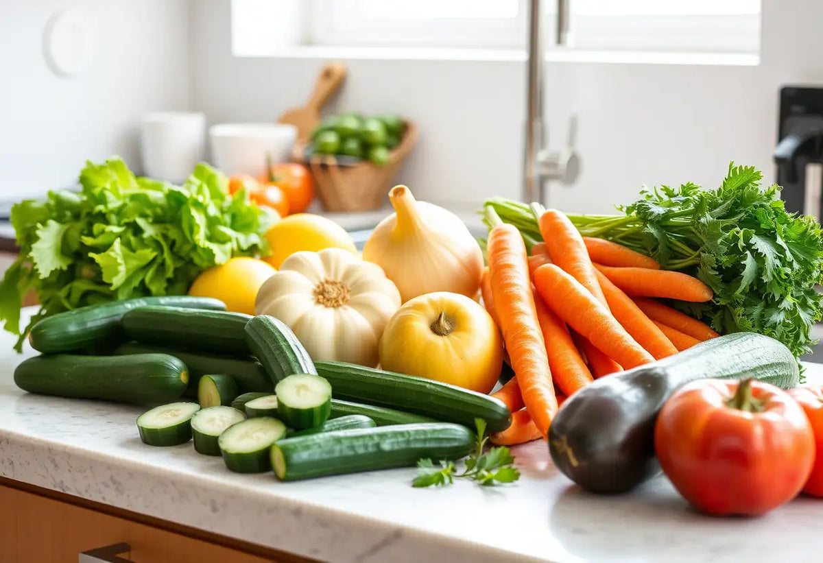 Un comptoir de cuisine avec divers fruits et légumes frais, aliments sains pour soulager les douleurs prémenstruelles