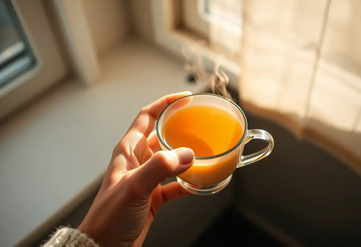 Une main tenant une tasse de thé de camomille, apaisante et réconfortante
