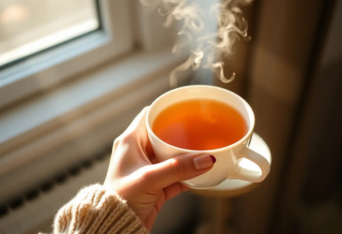 Main photo : une main féminine tient une tasse de thé chaud, sujet de l'article sur la douleur périnéale