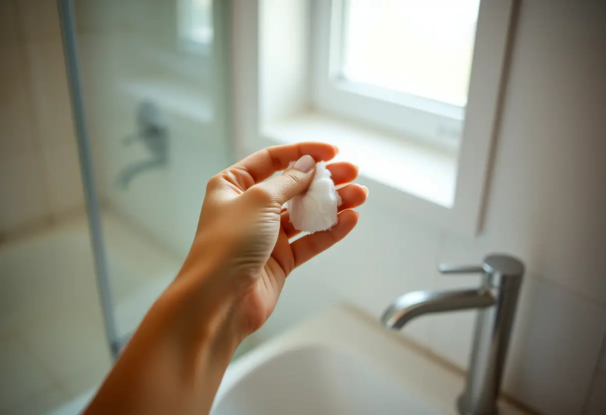 Main du patiente tenant un coton-tige humide dans la salle de bain