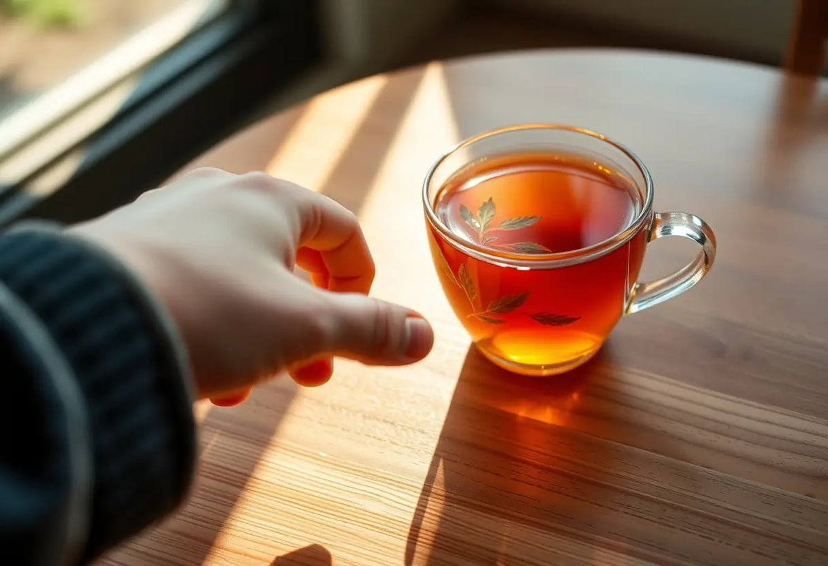 Une main prend une tasse de thé herbagé sur une table de cuisine