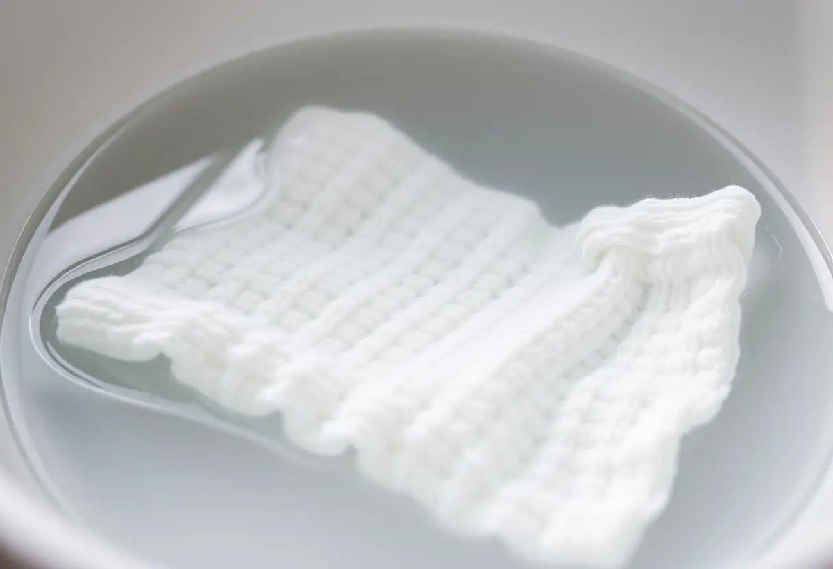 Un linge de toilette en coton trempant dans une bassine en porcelaine remplie d'eau chaude
