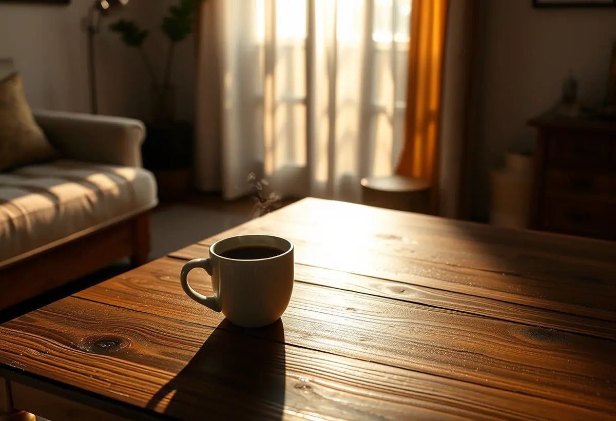 Un café noir fumant sur une table basse en bois dans un salon accueillant