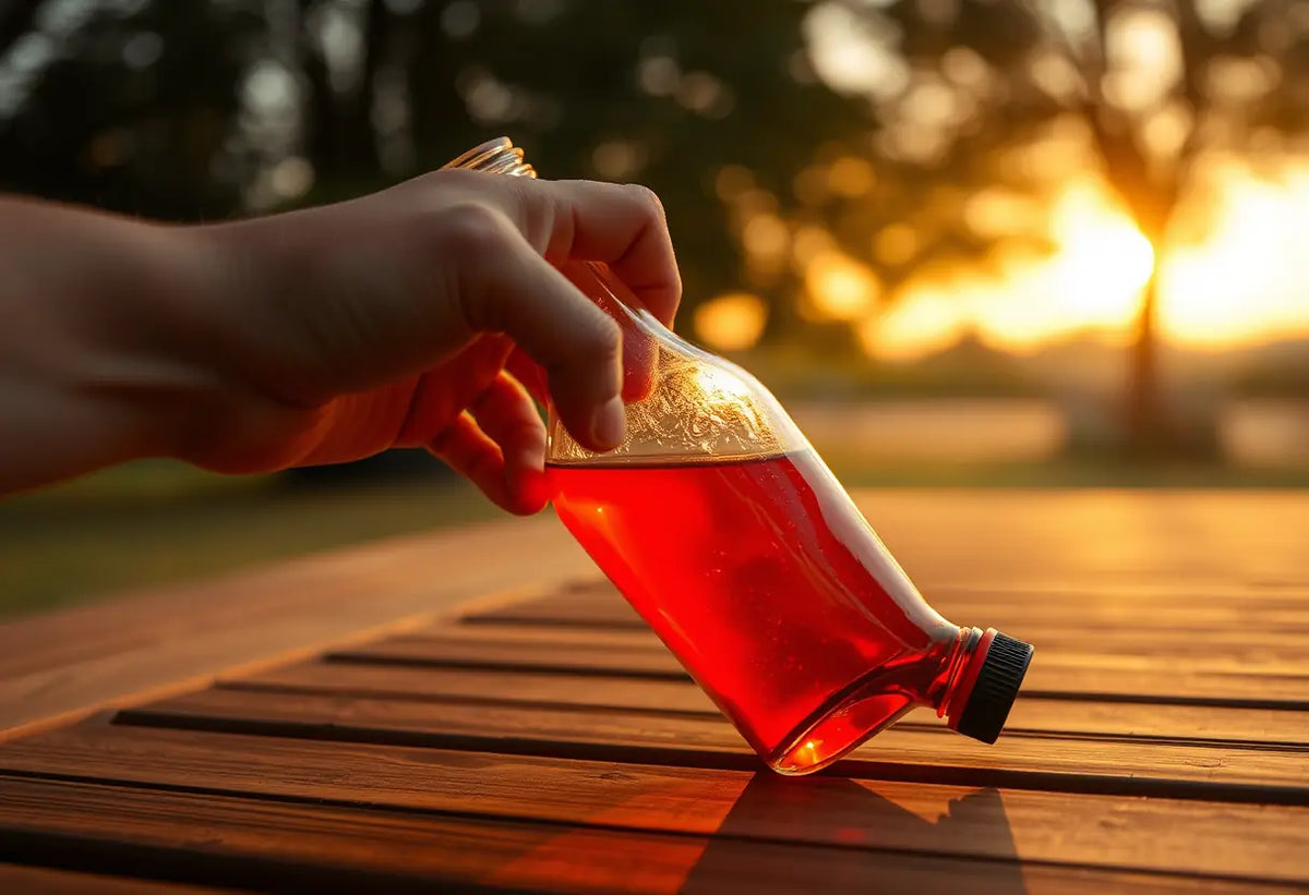 Main dans un verre de vin rouge sur une table extérieure au coucher du soleil, Santé et Relations