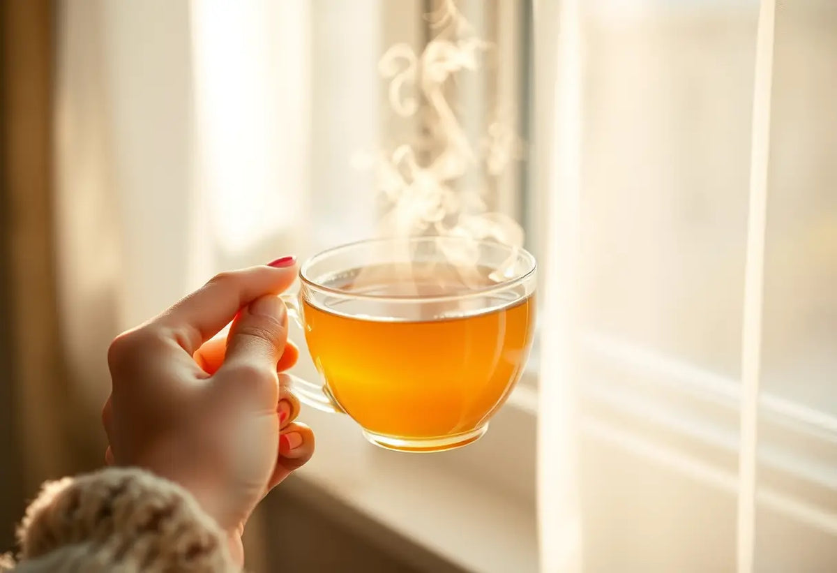 Une main tenant une tasse de thé chaud, les rayons du soleil réchauffent la pièce