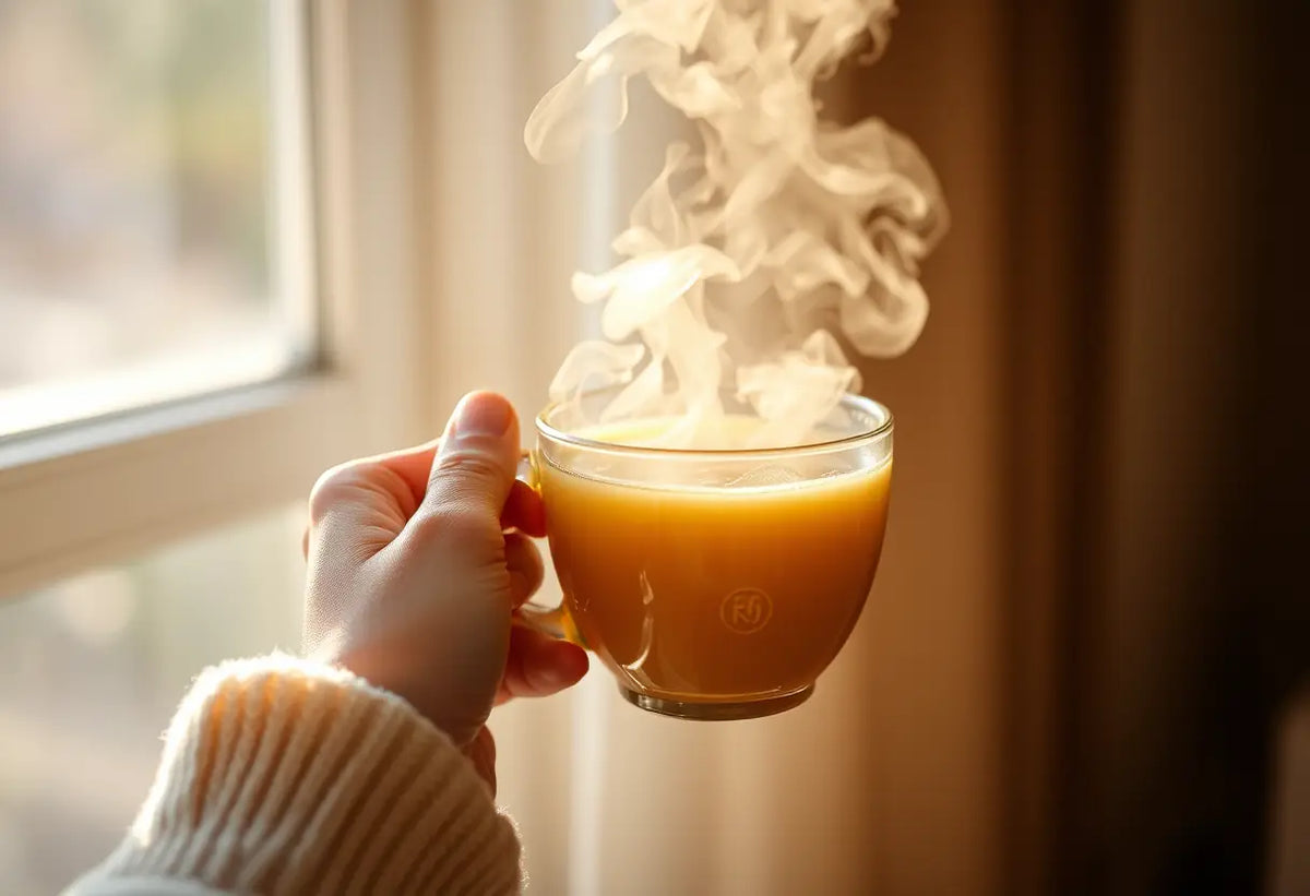 Une main tenant une tasse de thé aux herbes, éclairée par la lumière du soleil