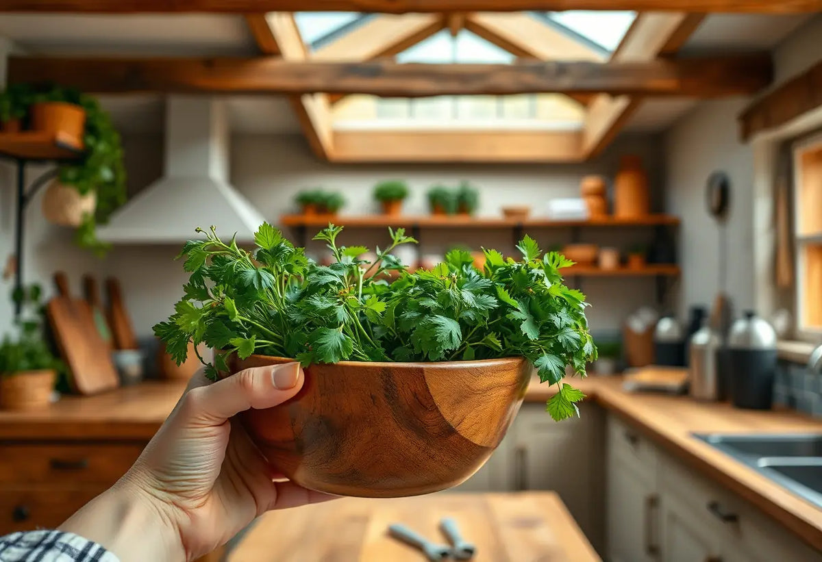 Une main de femme tenant un bol en bois rempli d'herbes fraîches dans une cuisine
