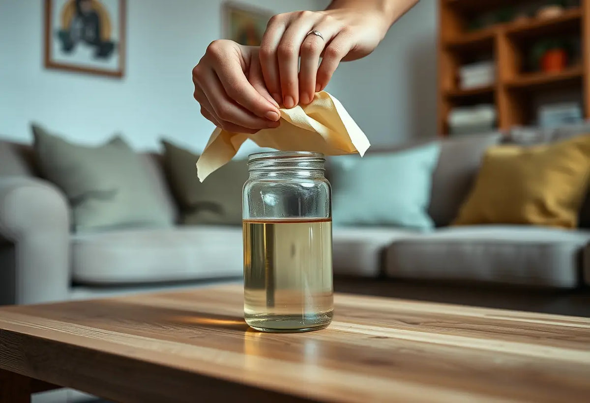 Des mains déballent un petit bocal contenant une substance liquide claire, dans un salon accueillant
